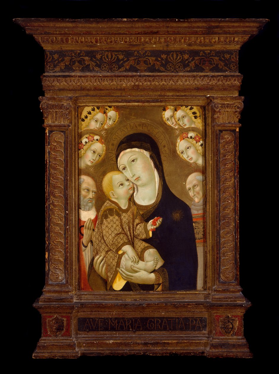 Madonna und Kind mit St. Hieronymus, St. Bernhardin und sechs Engeln, ca. 1460er von Sano di Pietro
