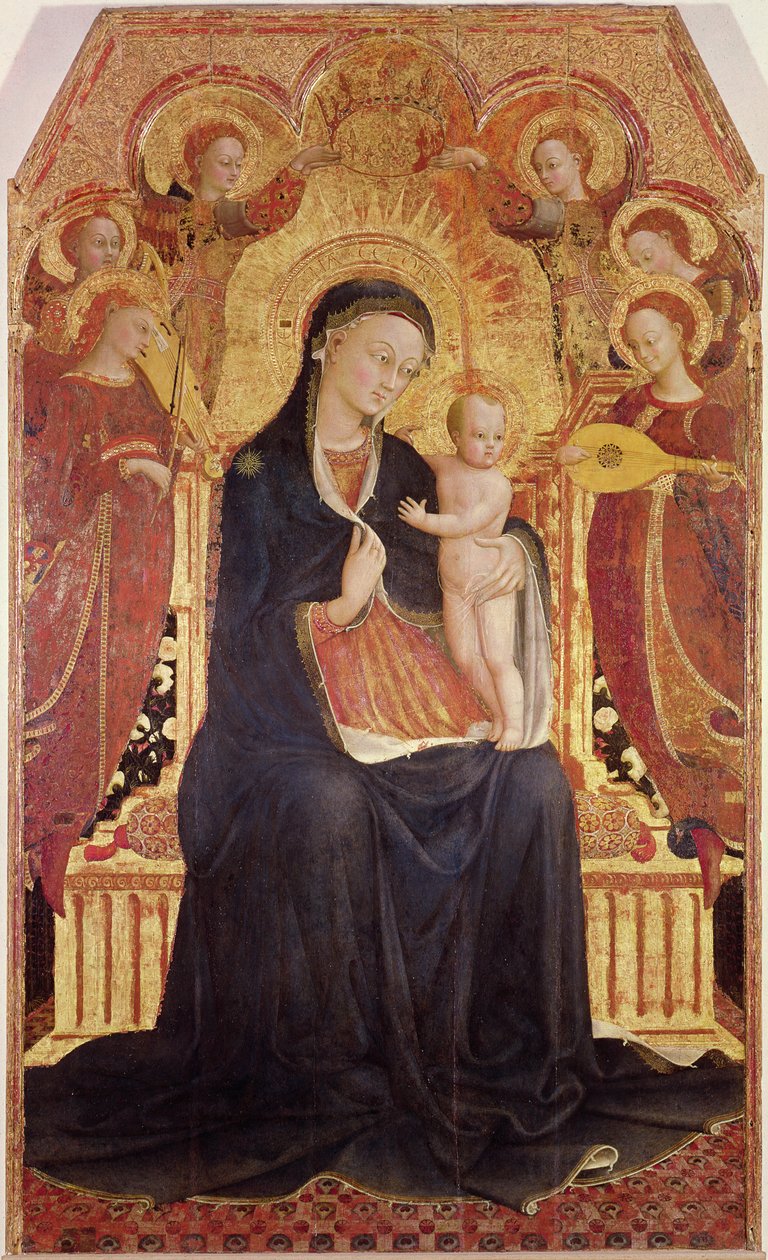 Madonna mit Kind auf dem Thron mit sechs Engeln, zentrales Panel eines Altarbildes, 1437-44 (Detail) von Stefano Sassetta