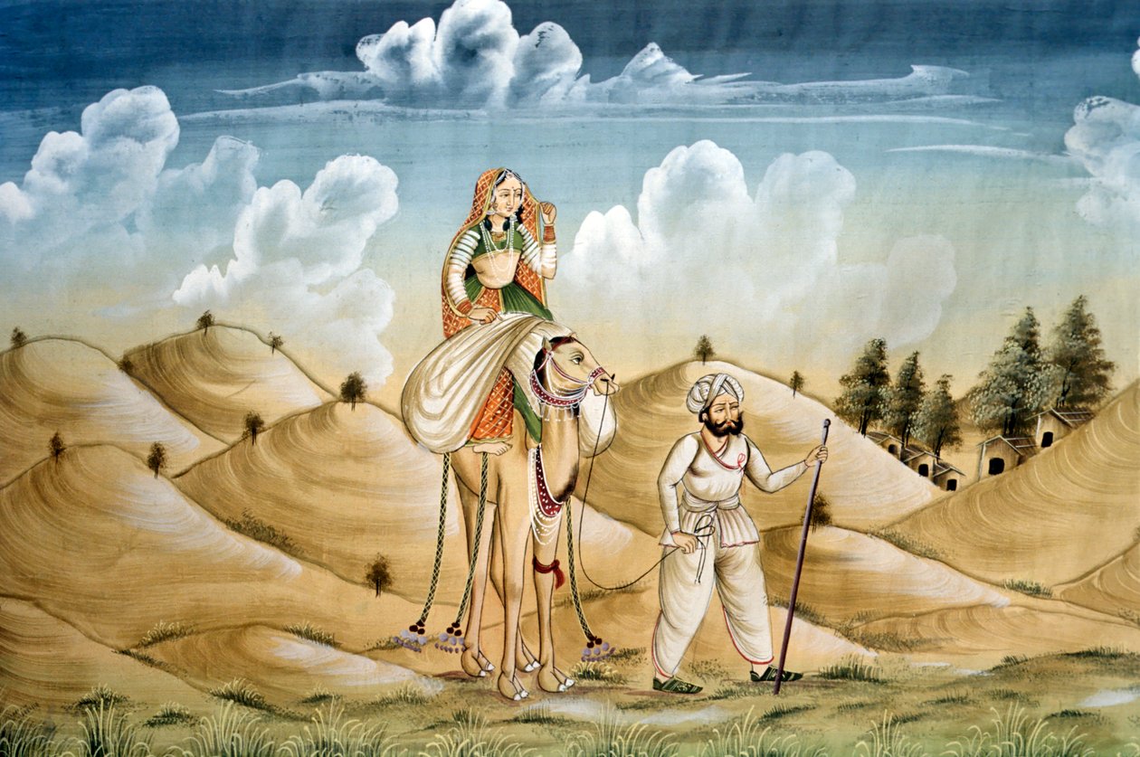 Miniaturmalerei auf Seide, Einsame Reisende, Rajasthan von School Indian