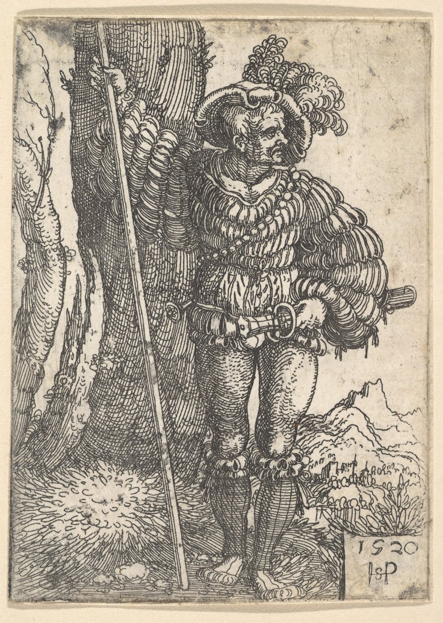 Ein Landsknecht steht an einem Baum von Sebald Beham