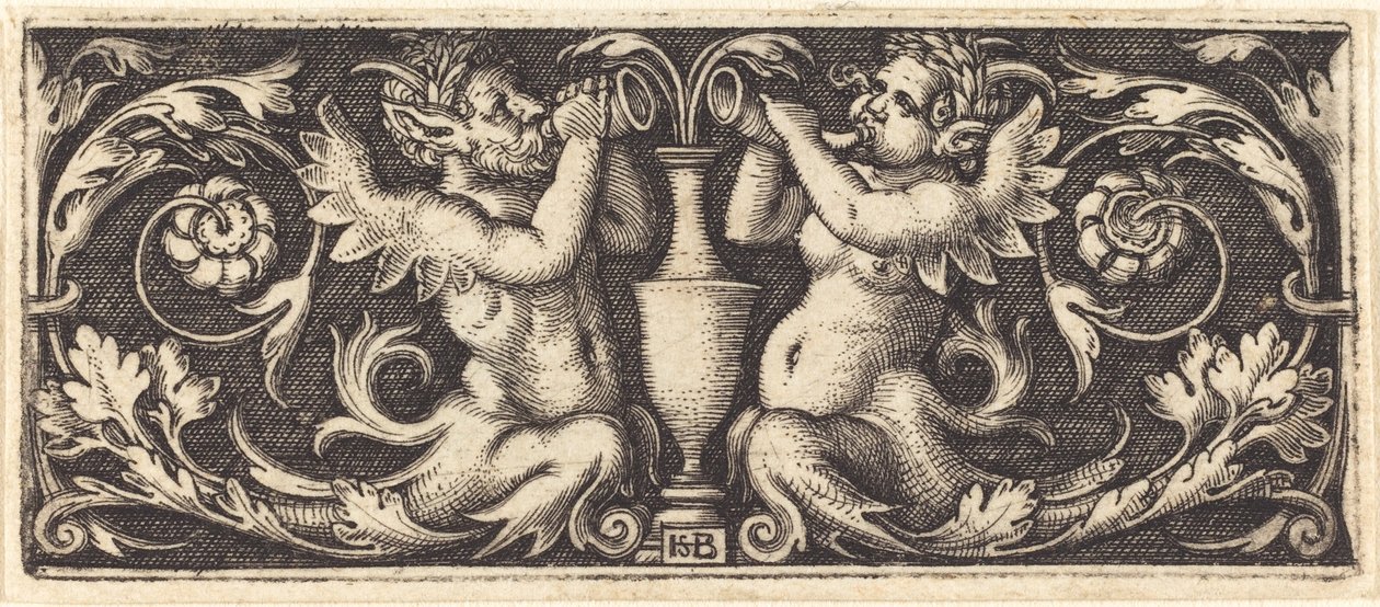 Ornament mit zwei Tritonen, die Hörner blasen von Sebald Beham