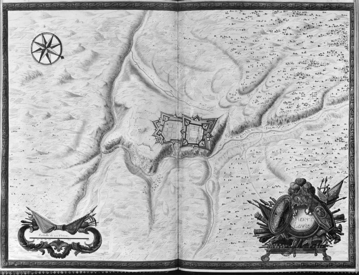 Ms. 986 Atlas 1081 Plan und Karte der Stadt, Zitadelle und Umgebung von Mont-Louis, 1665 von Sebastien Le Prestre de Vauban
