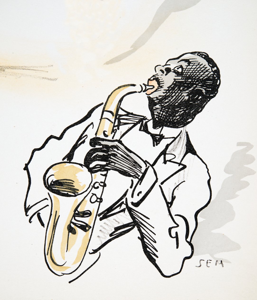 Saxophonspieler, aus White Bottoms, veröffentlicht 1927 (Farbholzschnitt) von Sem