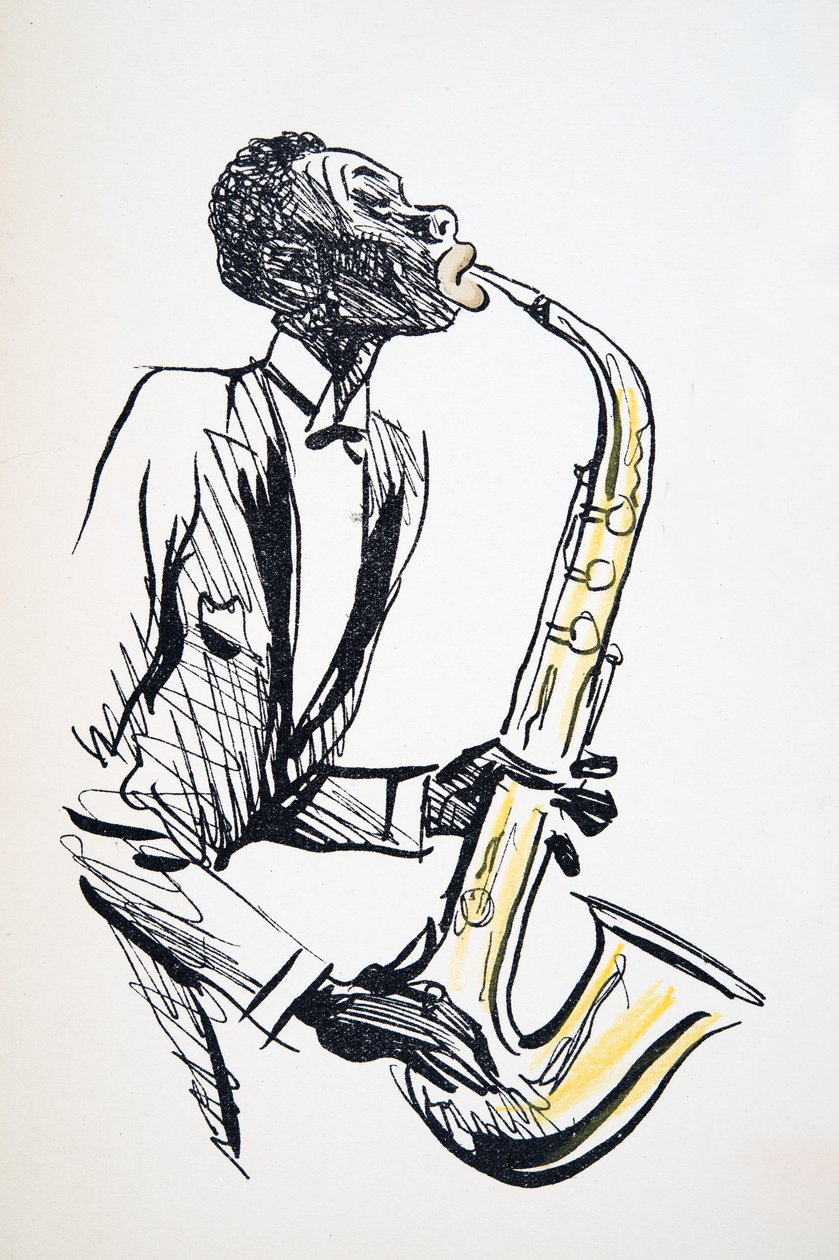 Saxophonspieler, aus White Bottoms, veröffentlicht 1927 (Farbholzschnitt) von Sem