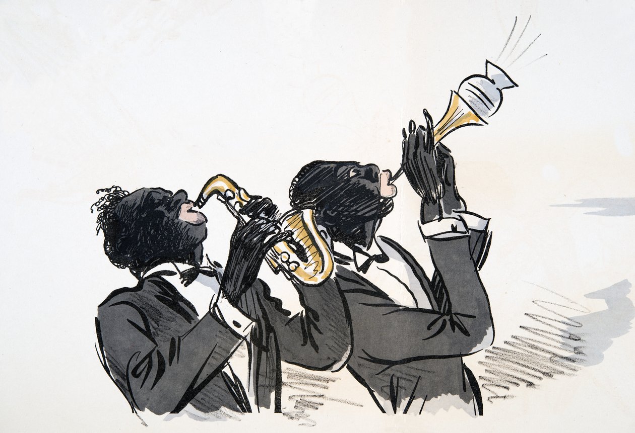 Saxophon- und Trompetenspieler, aus White Bottoms, veröffentlicht 1927 (Farbholzschnitt) von Sem