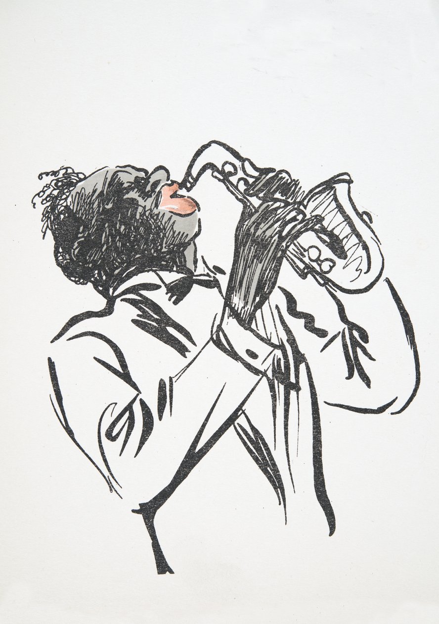Saxophonist, aus White Bottoms, veröffentlicht 1927 (Farbholzschnitt) von Sem