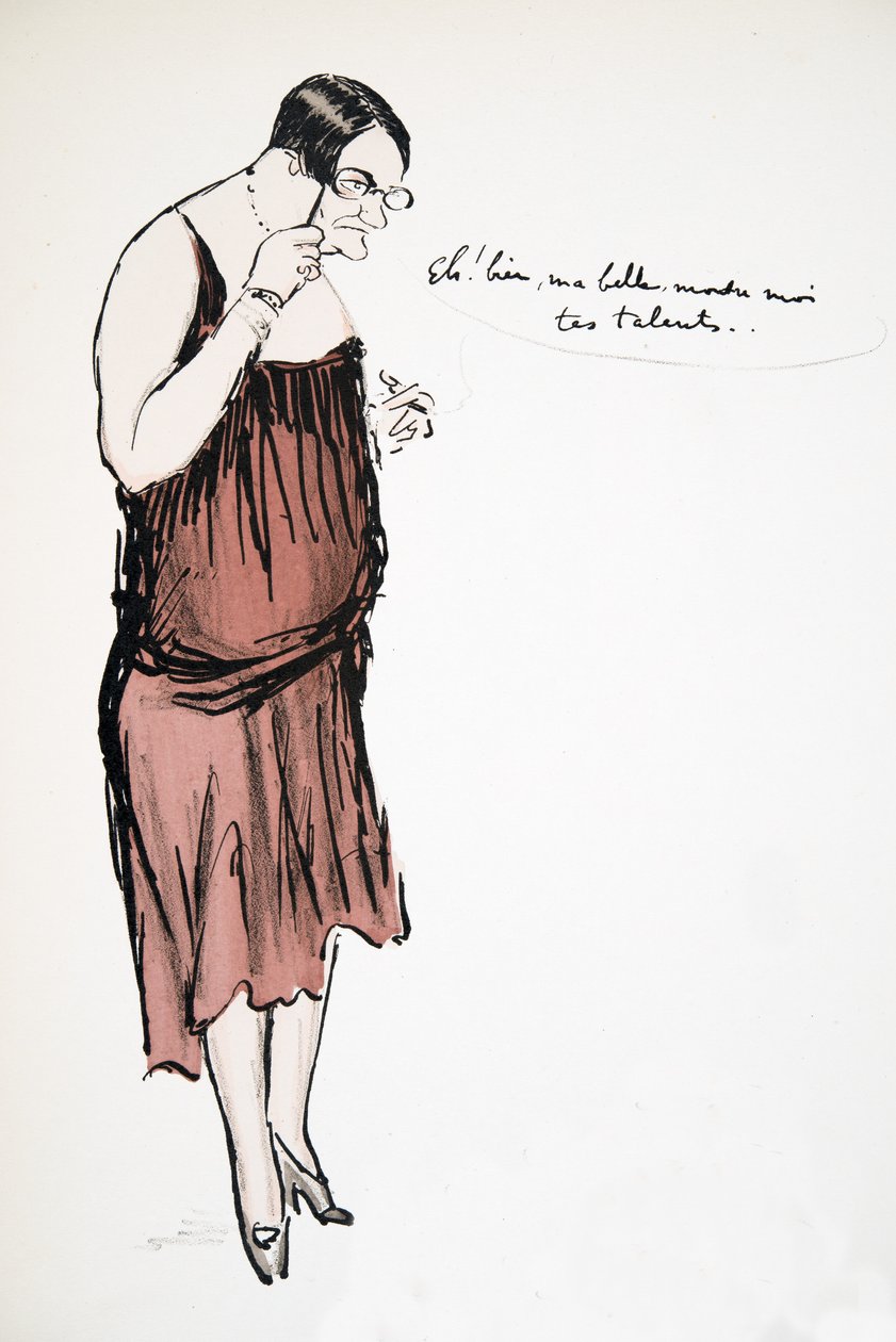 Transvestit im roten Kleid mit Kneifer, aus White Bottoms, veröffentlicht 1927 (Farbholzschnitt) von Sem