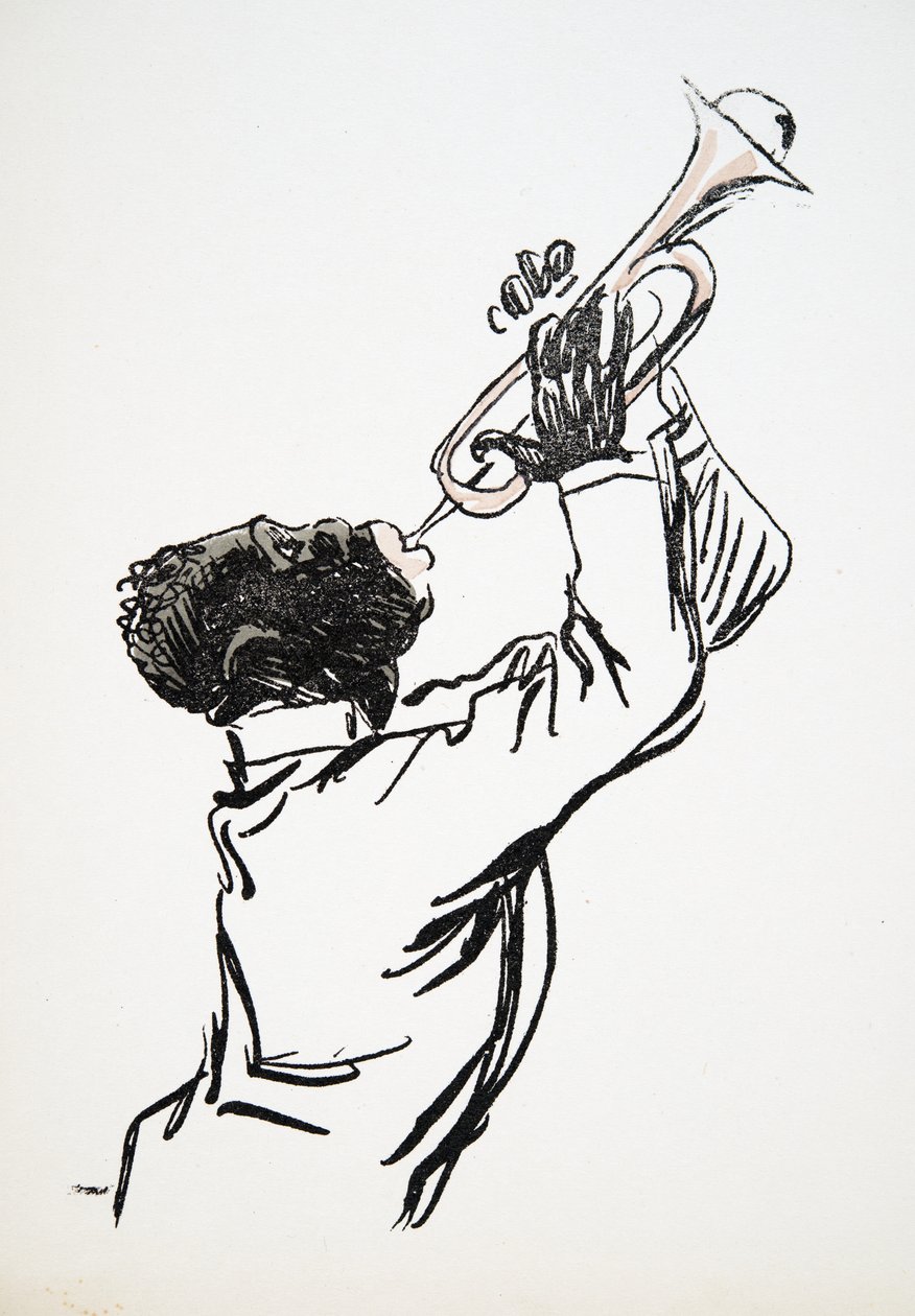 Trompetenspieler, aus White Bottoms, veröffentlicht 1927 (Farbholzschnitt) von Sem