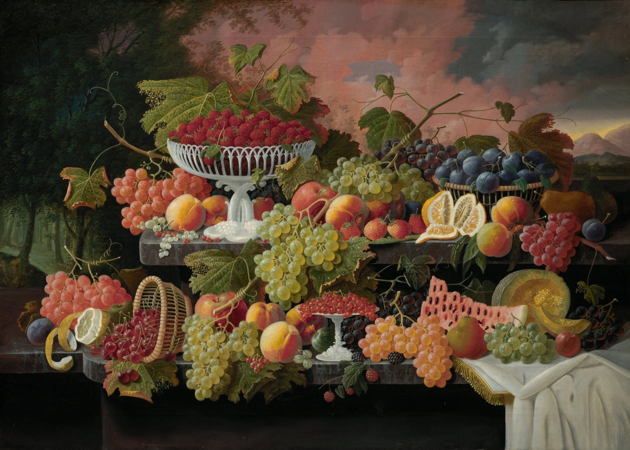 Zweistufiges Stillleben mit Früchten und Sonnenuntergangslandschaft von Severin Roesen
