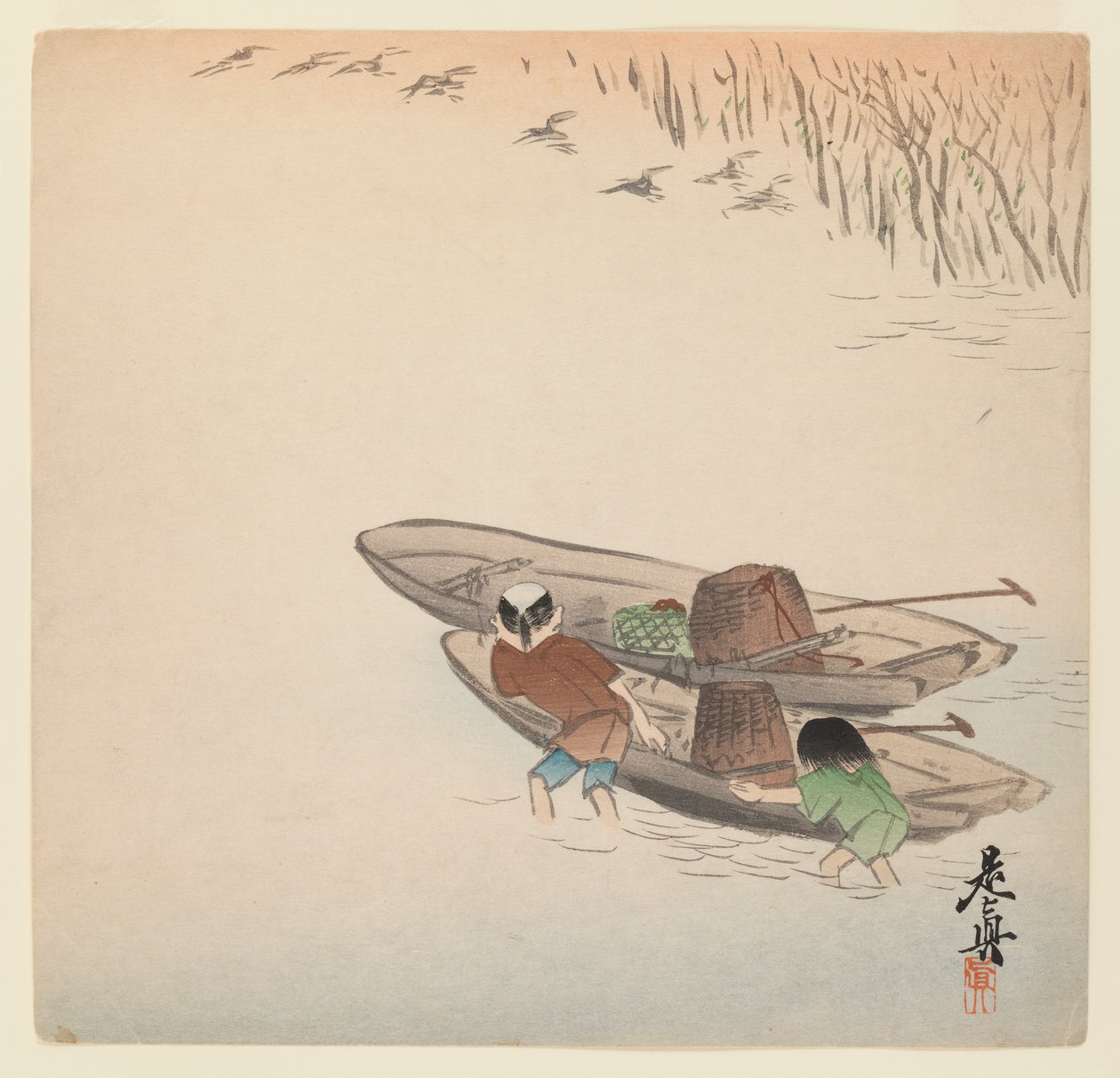 Fischer mit Junge und Booten aus der Serie Hana Kurabe, ca. 1880 von Shibata Zeshin