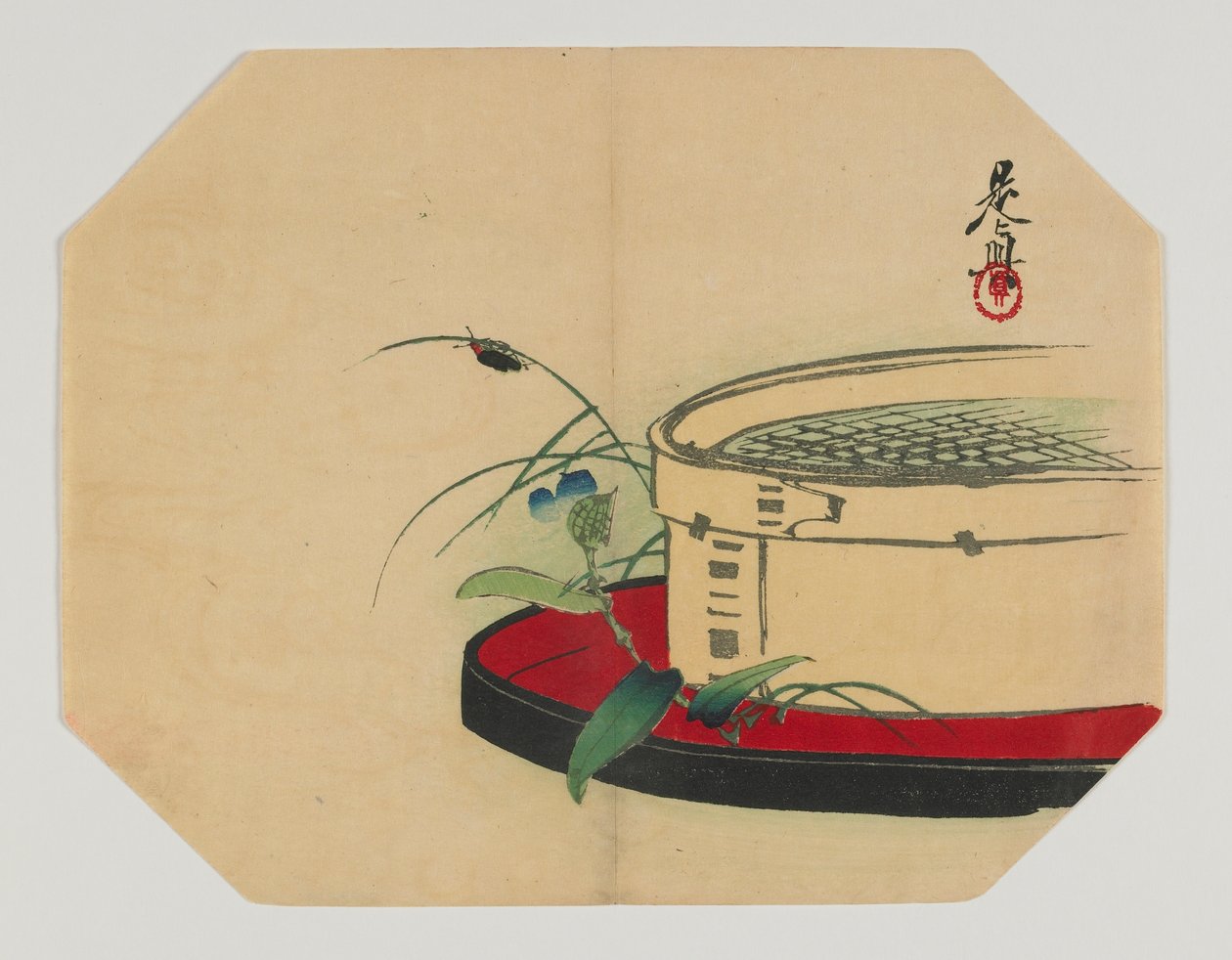 Druck für einen Uchiwa; Glühwürmchen auf blühender Pflanze, mit Bambussieb, Meiji-Ära, späte 19. Jahrhundert von Shibata Zeshin