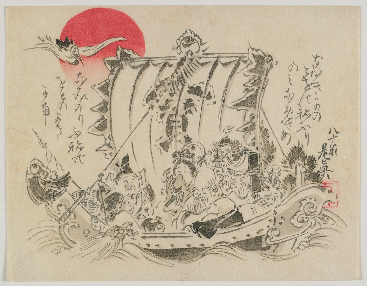 Sieben Glücksgötter auf einem Schatzschiff, Meiji-Ära, späte 19. Jahrhundert (Farbholzschnitt) von Shibata Zeshin