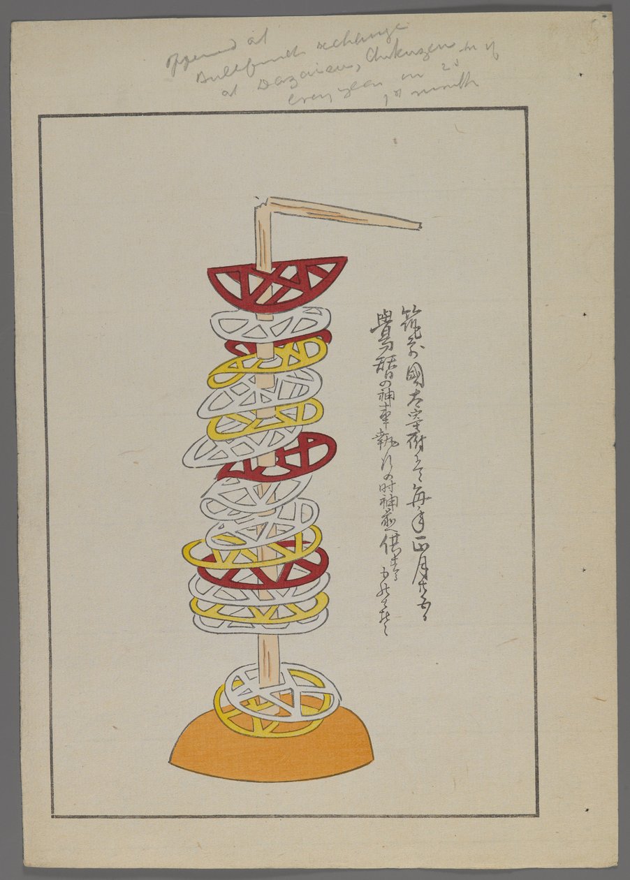 Japanische Spielzeuge, aus Unai no tomo (Ein Kinderfreund) von Shimizu Seifu, 1891-1923. Durchbrochene geometrische Scheiben auf Stab. von Shimizu Seifu