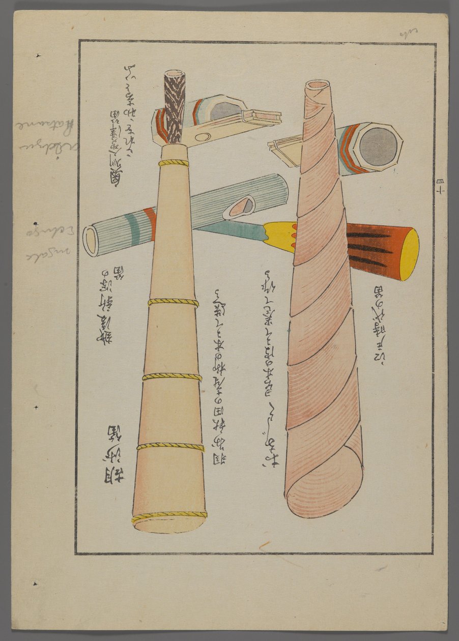 Japanische Spielzeuge, aus Unai no tomo (Ein Kinderfreund) von Shimizu Seifu, 1891-1923. Flöten und Hörner. von Shimizu Seifu