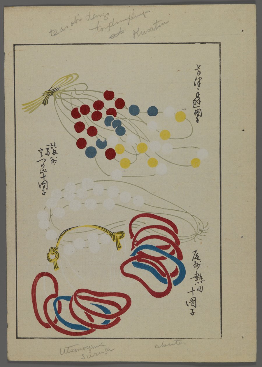 Japanische Spielzeuge, aus Unai no tomo (Ein Kinderfreund) von Shimizu Seifu, 1891-1923. Schnur, Schlaufen, Perlen. von Shimizu Seifu