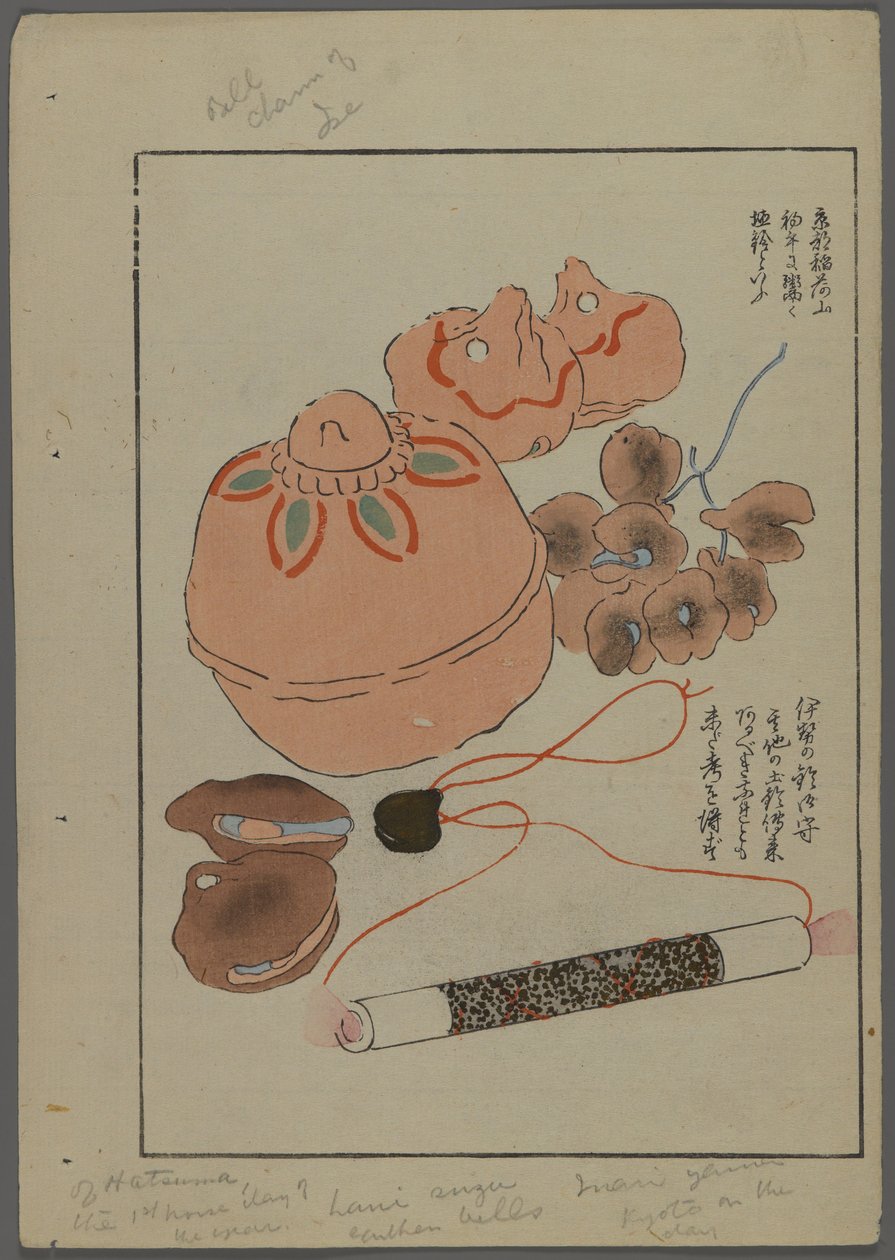 Japanische Spielzeuge, aus Unai no tomo (Ein Kinderfreund) von Shimizu Seifu, 1891-1923. Glocken, Rasseln. von Shimizu Seifu