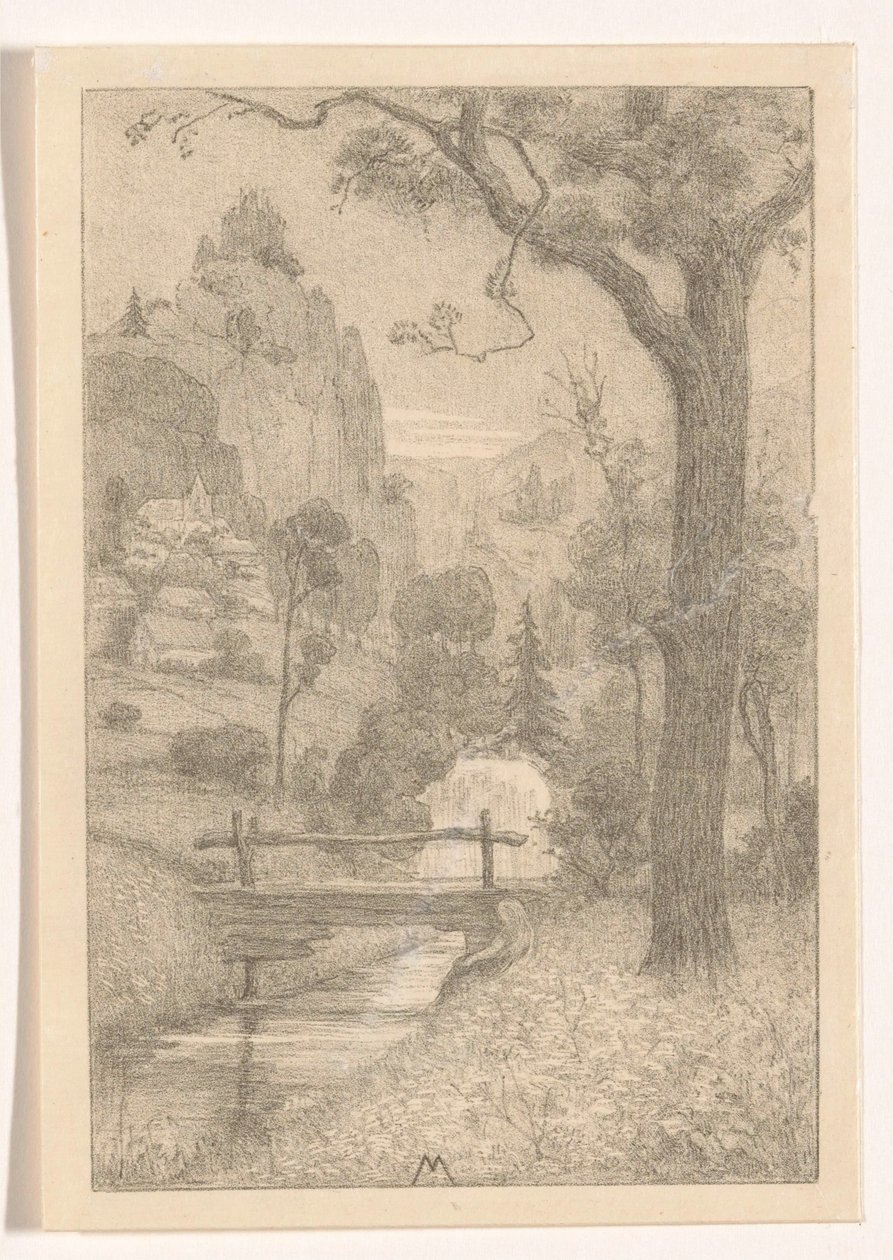 Berglandschaft mit Wasserfall und Brücke von Simon Moulijn