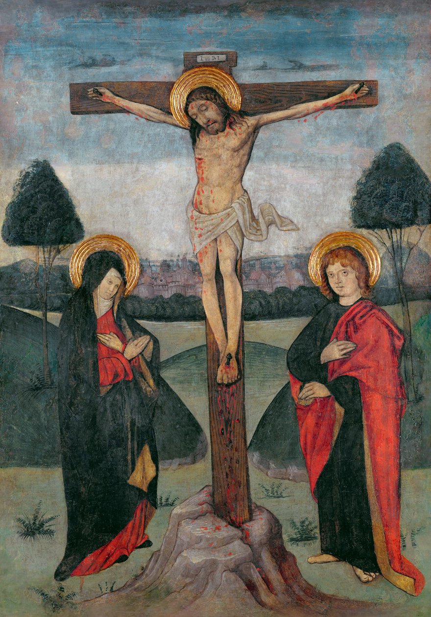 Christus am Kreuz zwischen der Jungfrau und St. Johannes von Spanish School