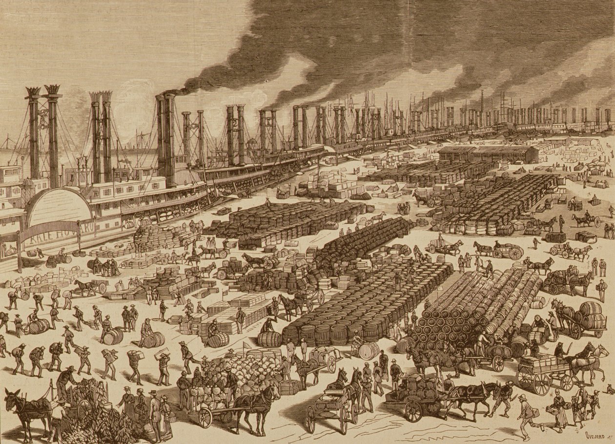 Kommerzielle Aktivität und Ansicht des Kais in New Orleans im Jahr 1880 von Spanish School