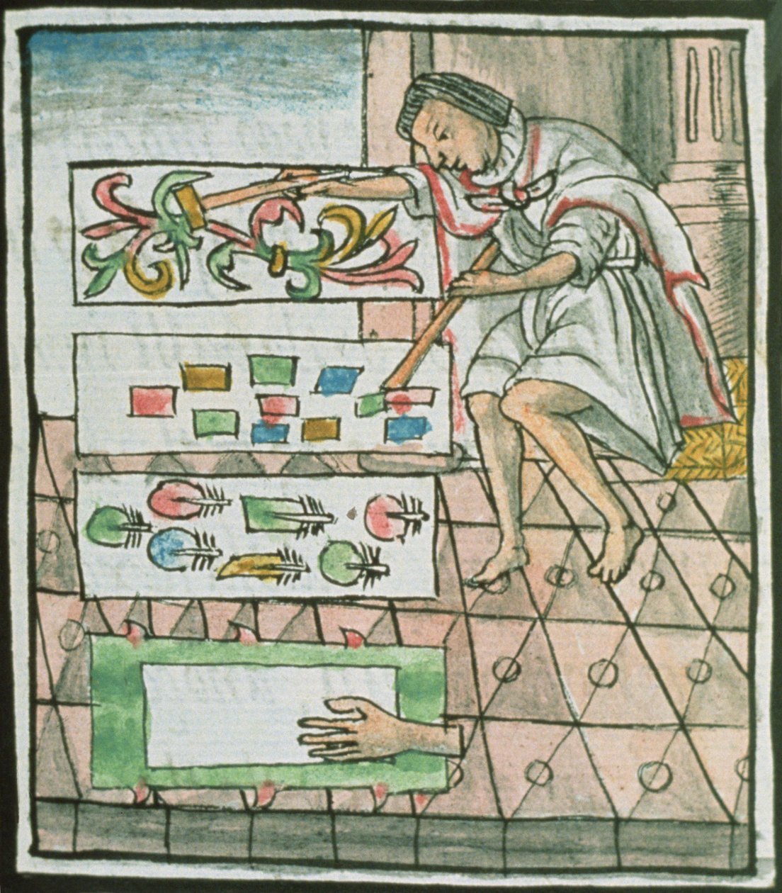 Ms Palat. 218-220 Buch IX Aztekischer Federkünstler entwirft und schneidet Muster, aus dem 