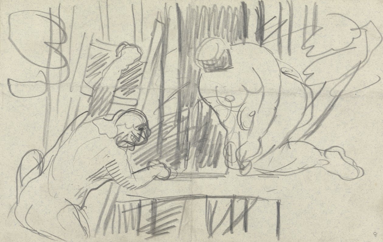 Studie eines Baumhauses mit primitiven Menschen, für die Cave of the Golden Calf von Spencer Frederick Gore
