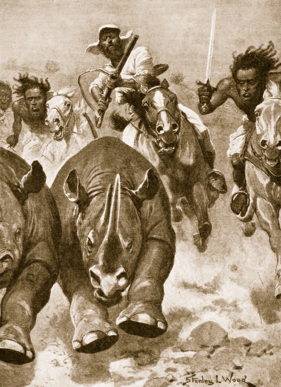 Sir Samuel Baker in voller Verfolgung eines Nashorns in Afrika von Stanley L. Wood