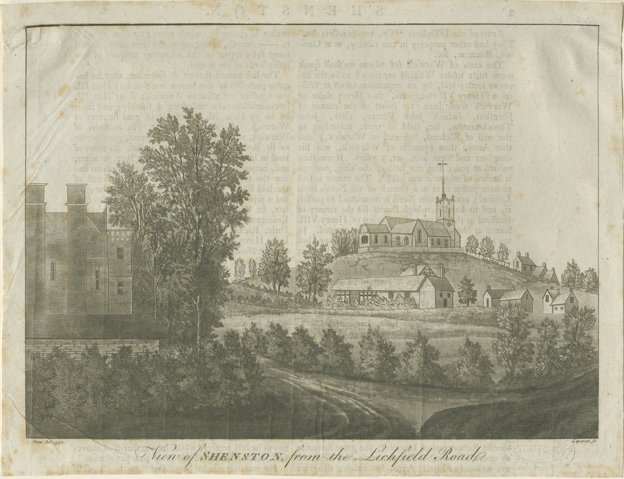 Shenstone Church and Village: Aquatinta-Radierung, 1792 von Stebbing Shaw