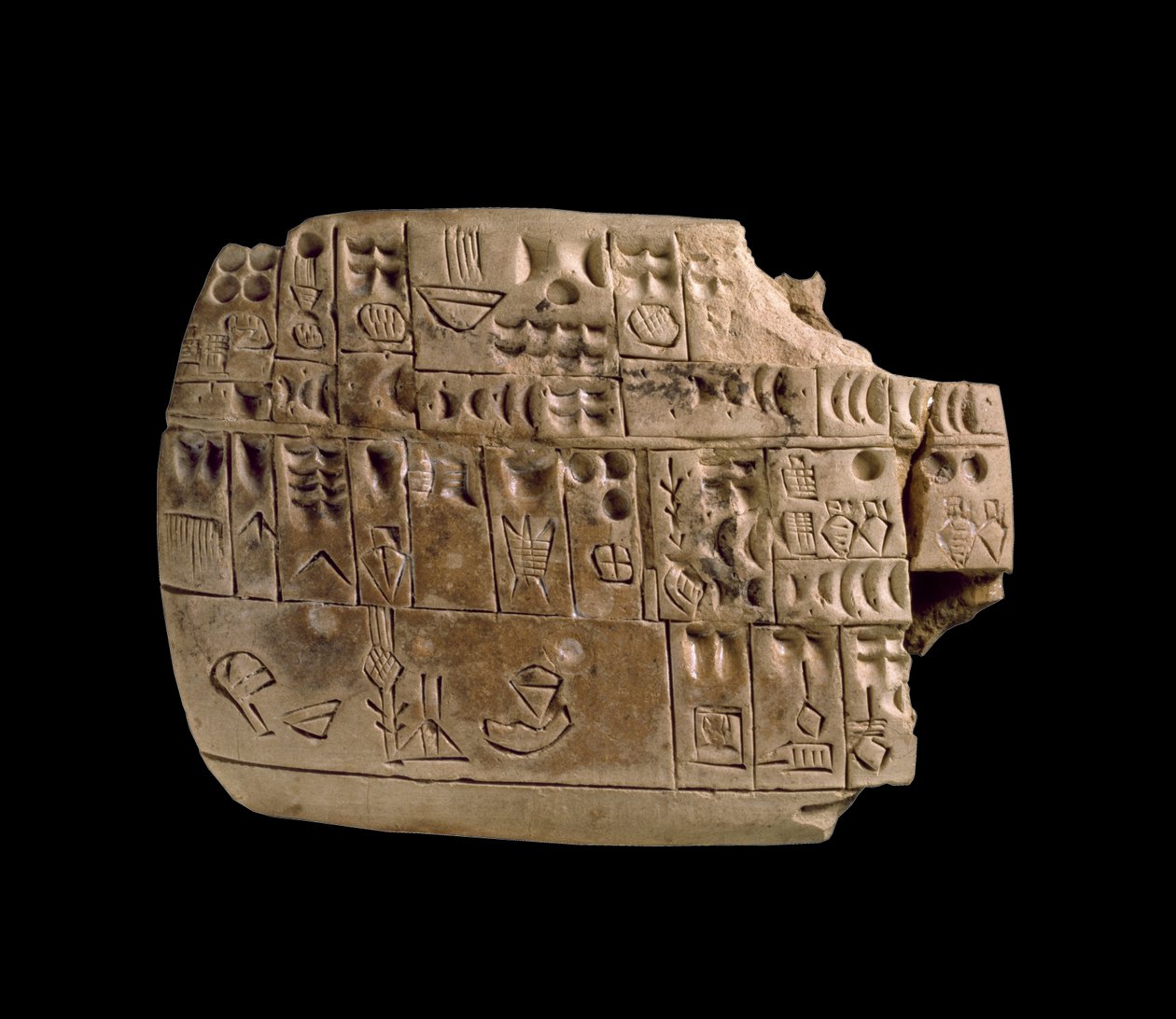 Tafel aus Jamdat Nasr im Irak, Auflistung von Mengen verschiedener Waren in archaischem Sumerisch (frühe Keilschrift) ca. 3200-3000 v. Chr. von Sumerian