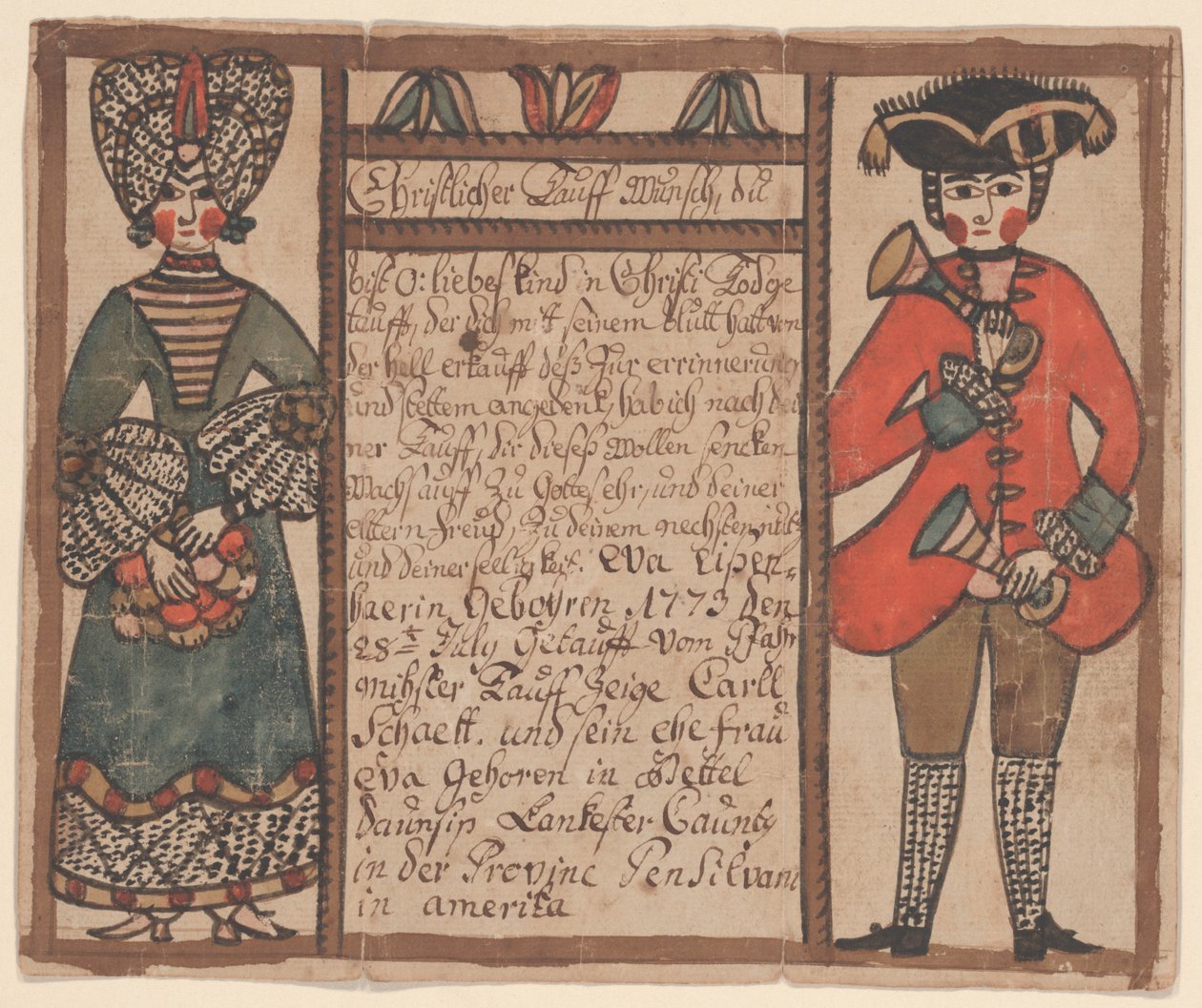 Geburts- und Taufurkunde für Eva Eissenhaer, ca. 1773 von Sussel Washington Artist
