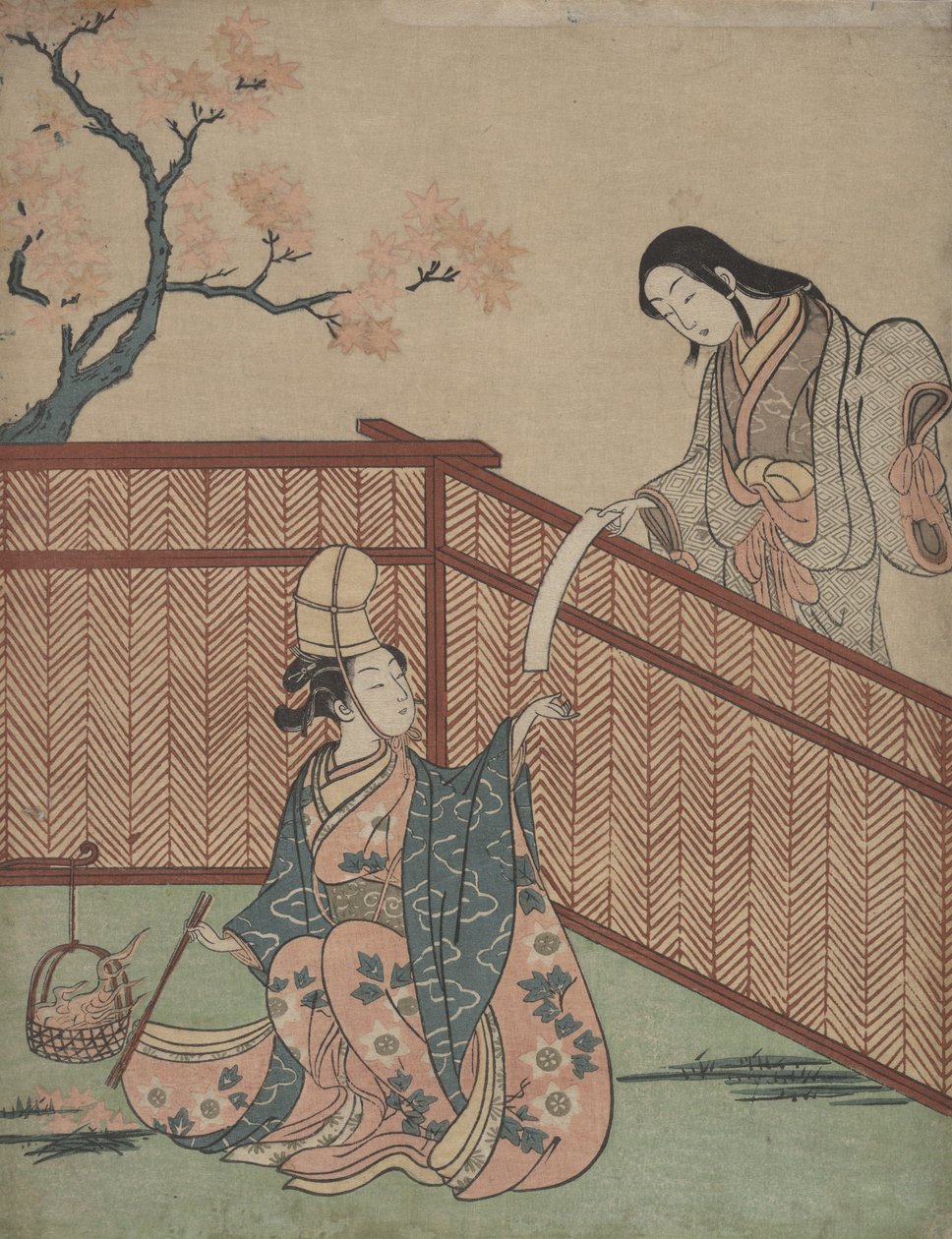 Sake am Ahornblattfeuer erwärmen von Suzuki Harunobu