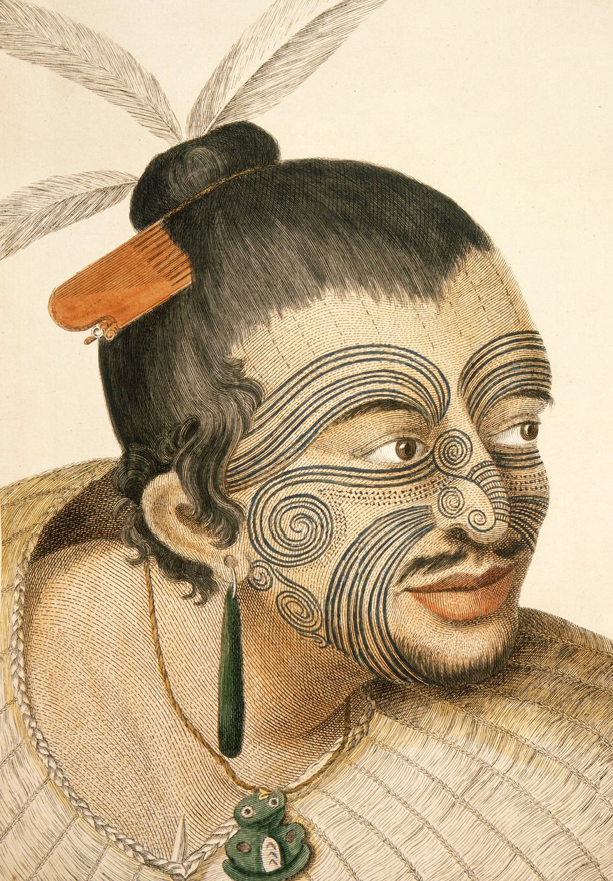 Porträt eines Maori-Häuptlings mit vollem Gesichtstätowierung, 1769 von Sydney Parkinson