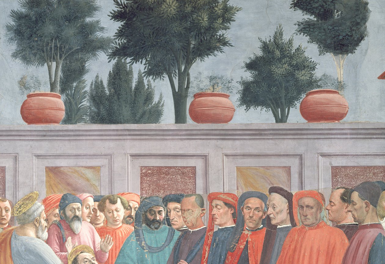 Köpfe von Menschen unter der Hintergrundmauer, aus der Erweckung des Sohnes des Theophilus und St. Peter als erster Bischof von Antiochia (Detail) von Tommaso Masaccio