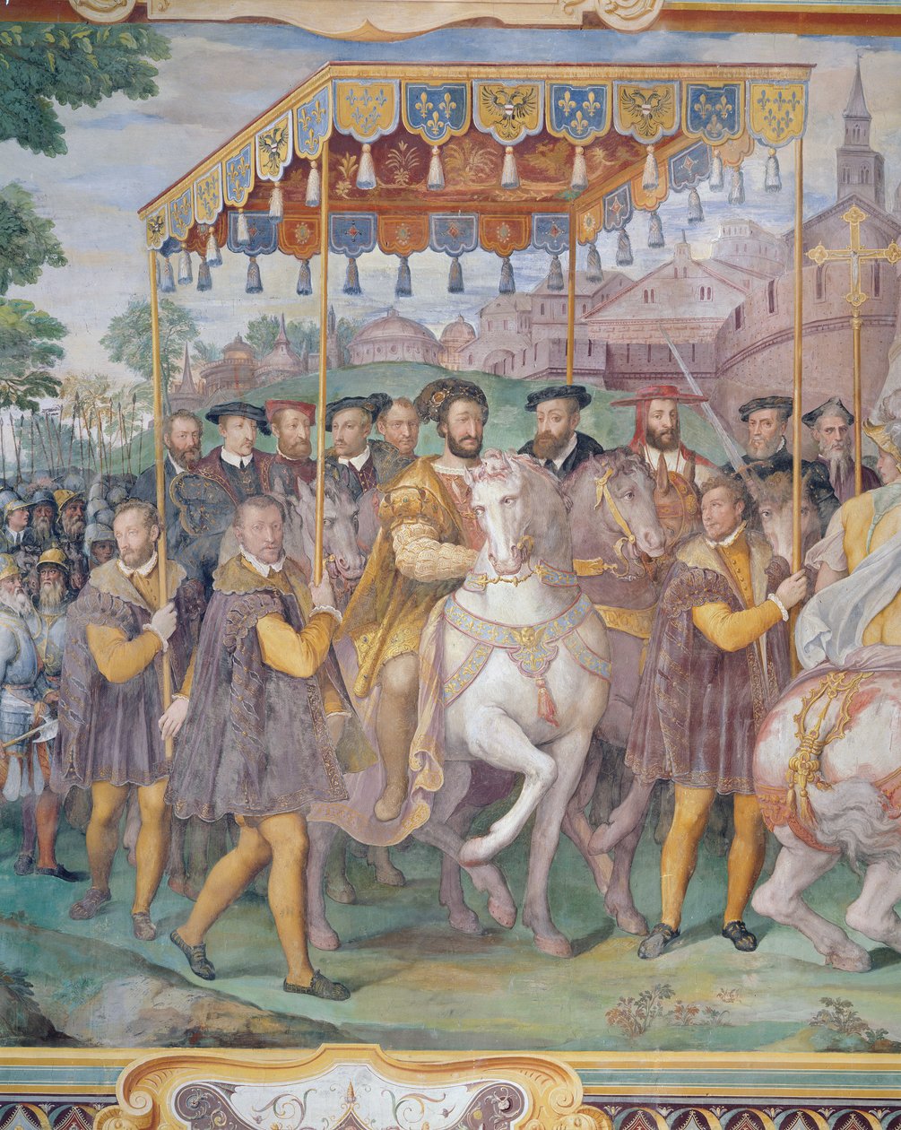 Der feierliche Einzug von Kaiser Karl V., Franz I. und Alessandro Farnese in Paris im Jahr 1540, aus der 