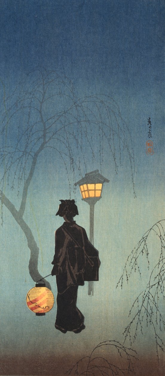 Frau mit Laterne an einem Frühlingsabend von Shōtei Takahashi
