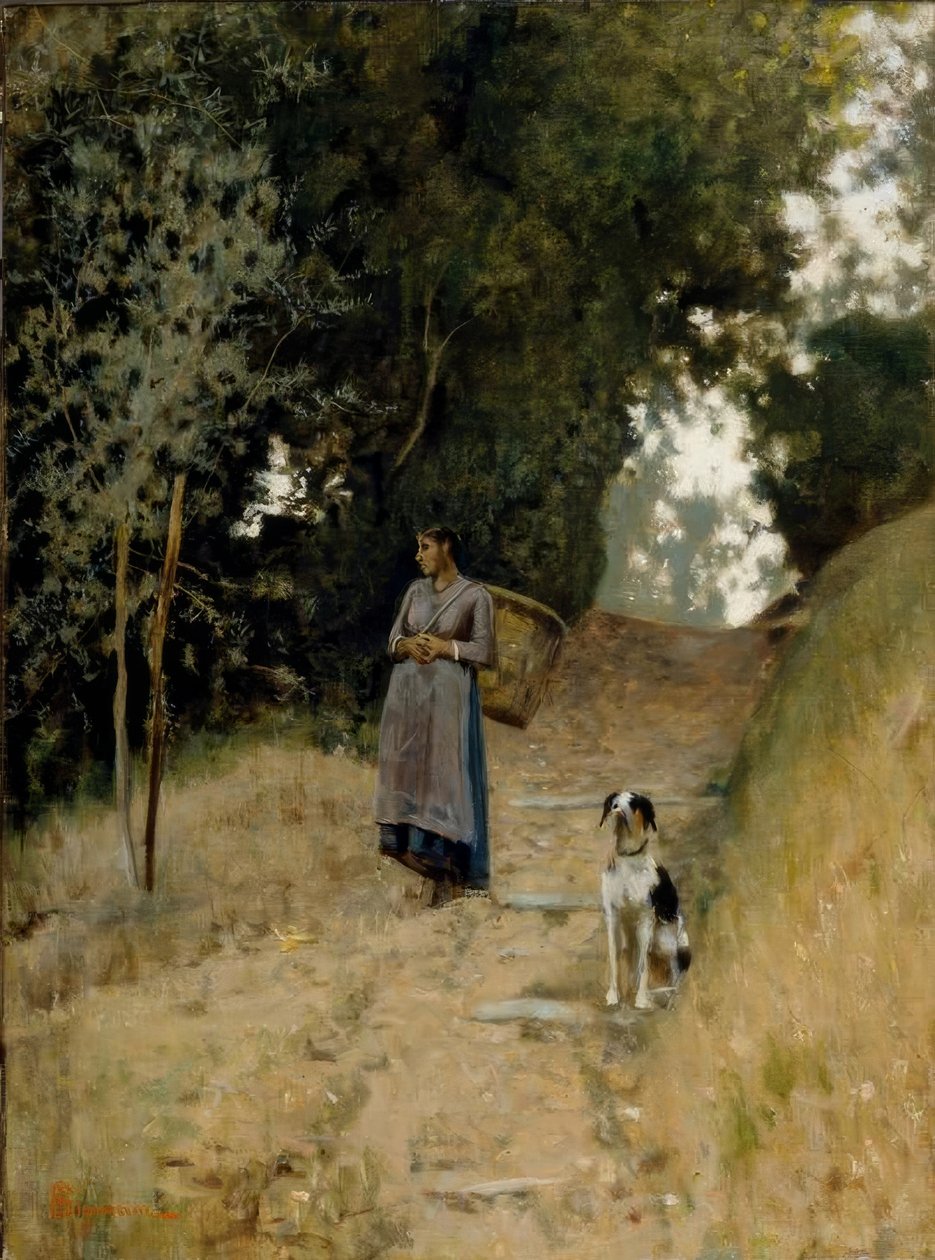 Bäuerin mit Tragekorb und Hund von Telemaco Signorini