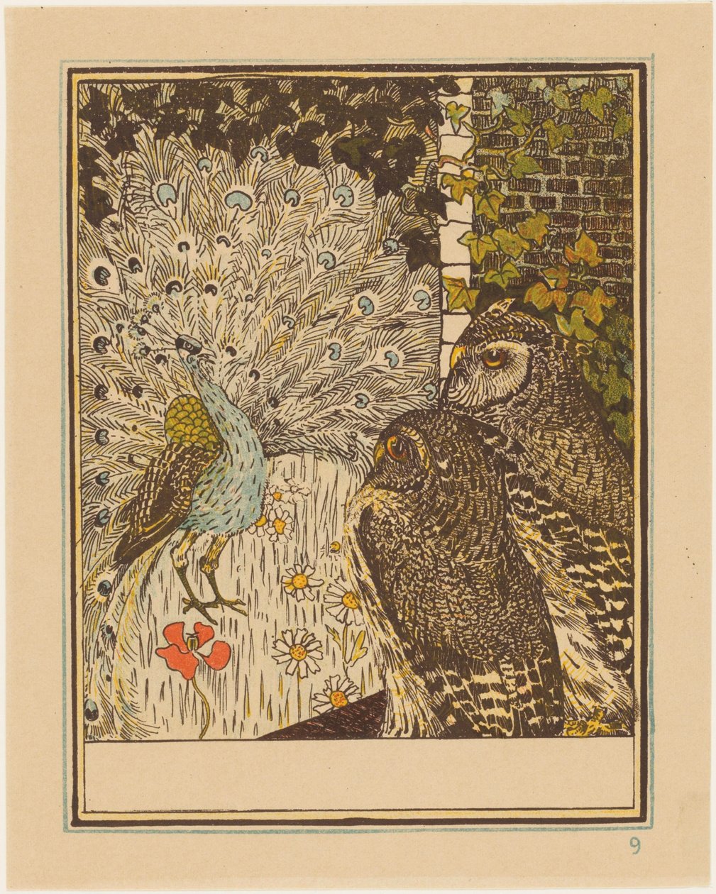 Prunkender Pfau und zwei Eulen von Theo van Hoytema