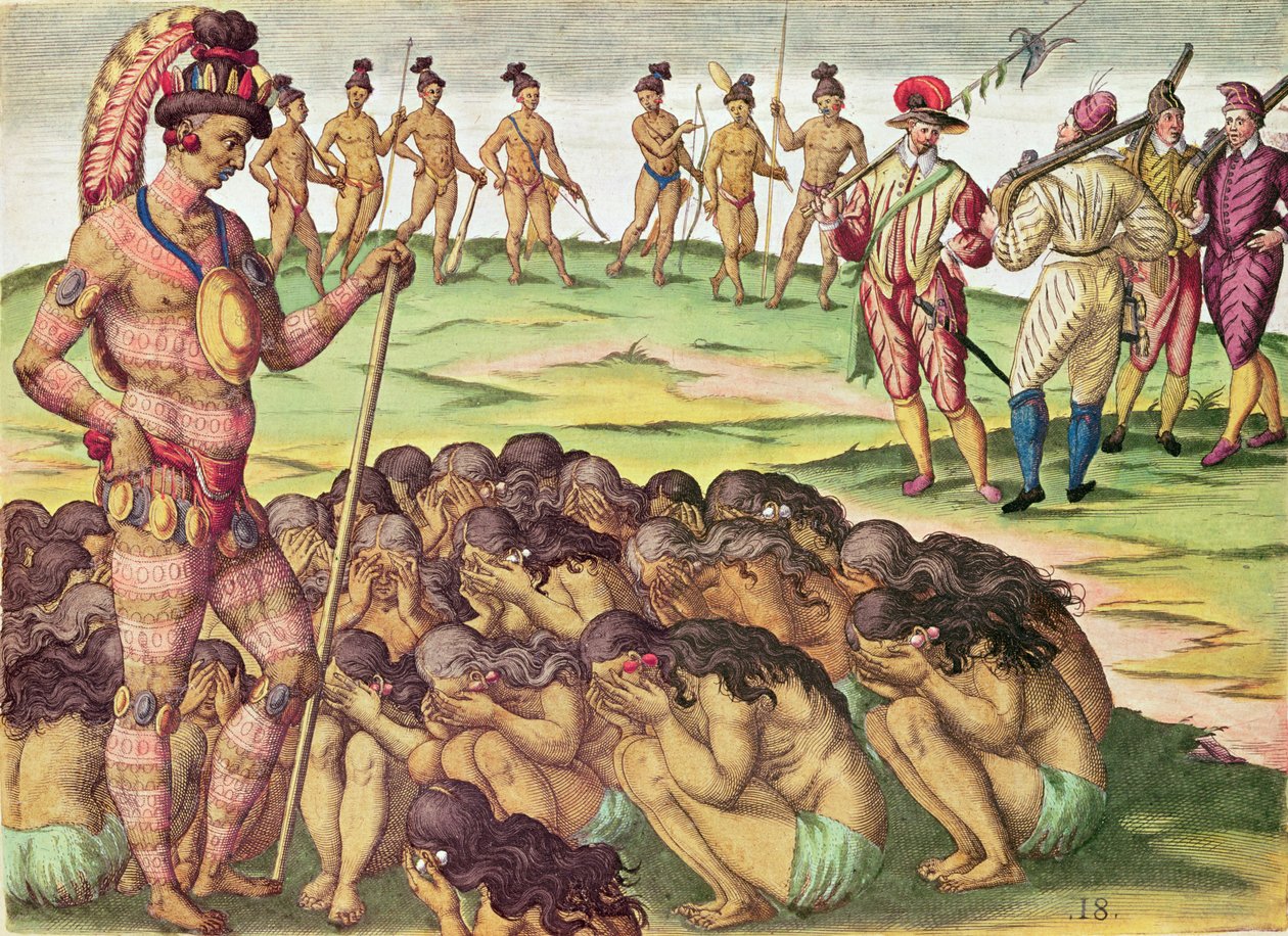 Brevis Narratio, die Frauen, deren Ehemann im Kampf getötet wurde oder an einer Krankheit starb, werden vom König beansprucht (Seite 213), 1563 von Theodore de Bry