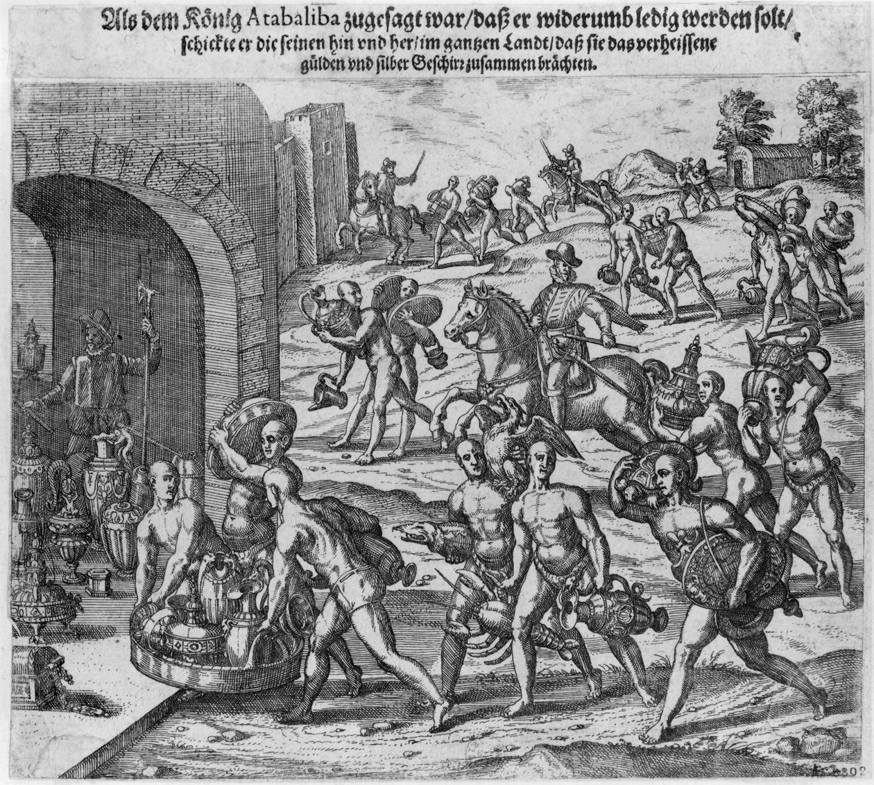 Das Lösegeld, das König Atahualpa (ca. 1502-33) Francisco Pizarro anbot, 1533 von Theodore de Bry