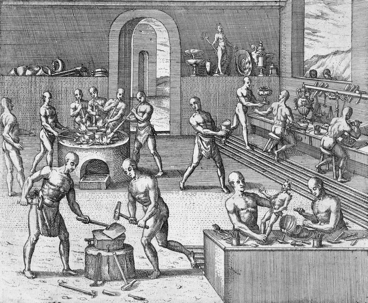 Die Werkstatt der Goldschmiede von Atahualpa in Quito, aus einem Bericht von Girolamo Benzoni, aus 