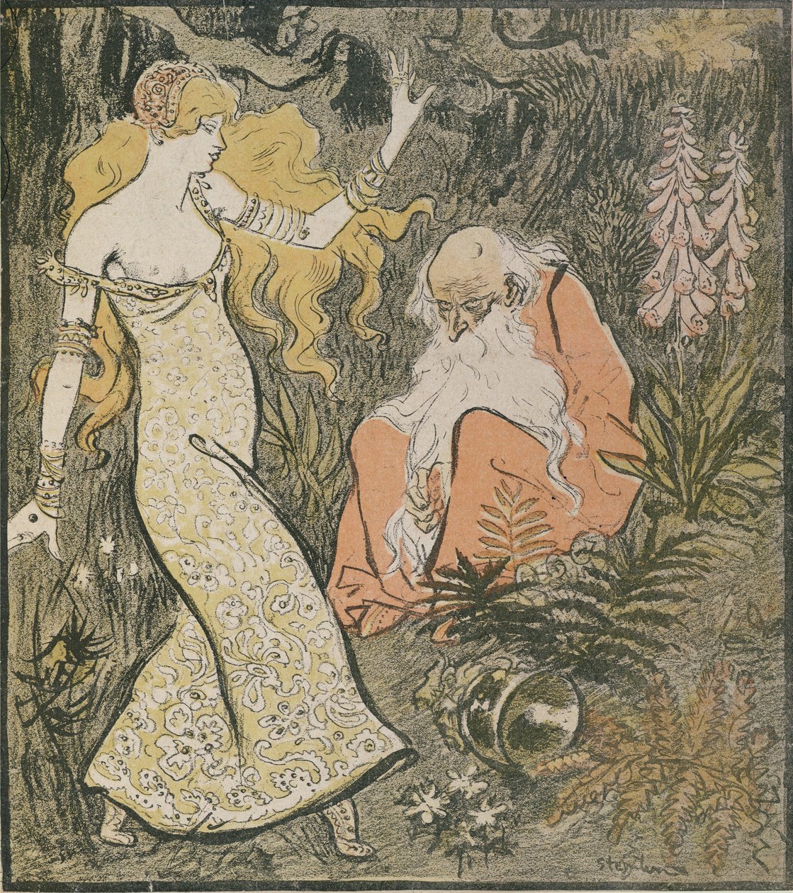 Der Zauberer Merlin und die Fee Vivien im Wald von Broceliande, aus 