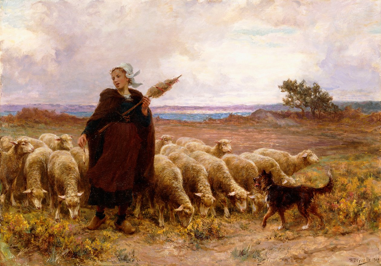Hirtin mit ihrer Herde, 1907 von Theophile Louis Deyrolle