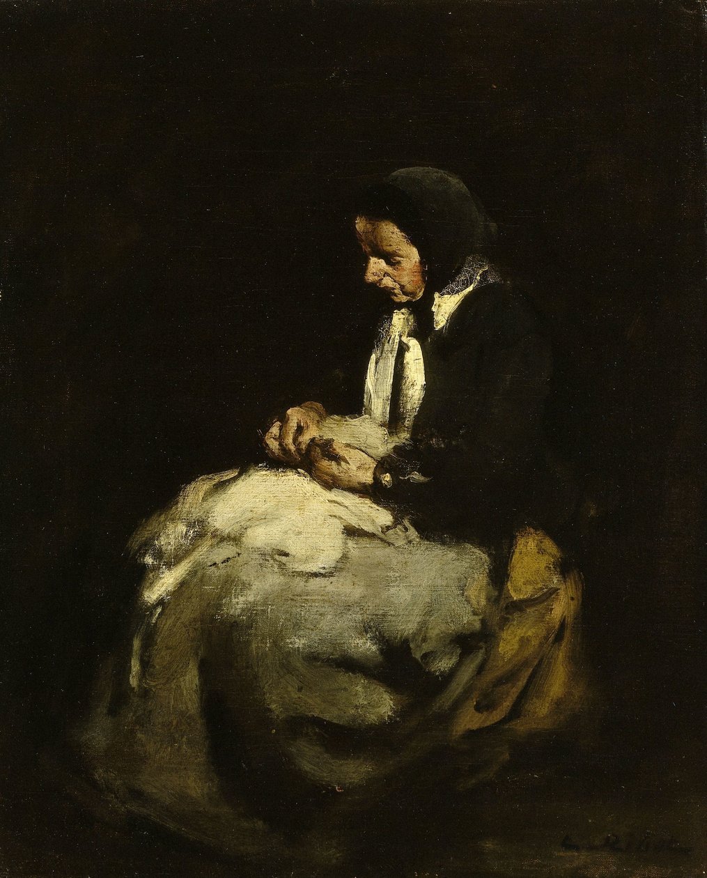 Frau beim Nähen von Théodule Augustin Ribot