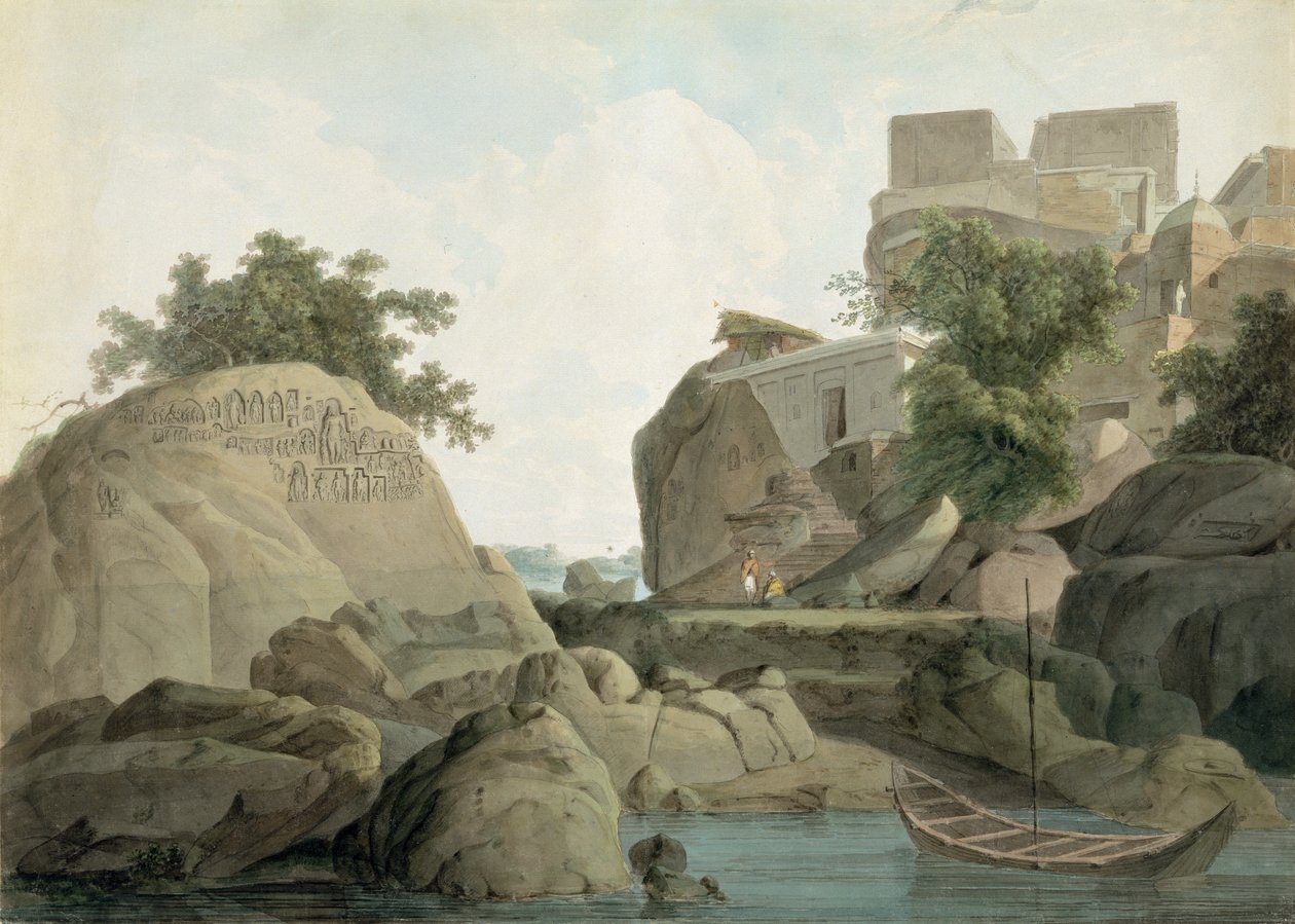 Fakirfelsen bei Sultanganj, am Fluss Ganges, Indien, um 1790 von Thomas und William Daniell