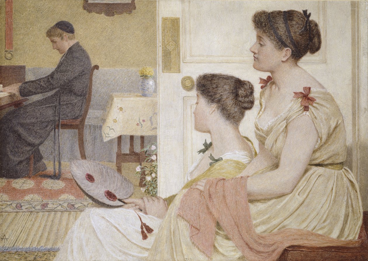 Salon-Szene mit einem jungen Priester am Klavier (Pastelle und Öle) von Thomas Armstrong