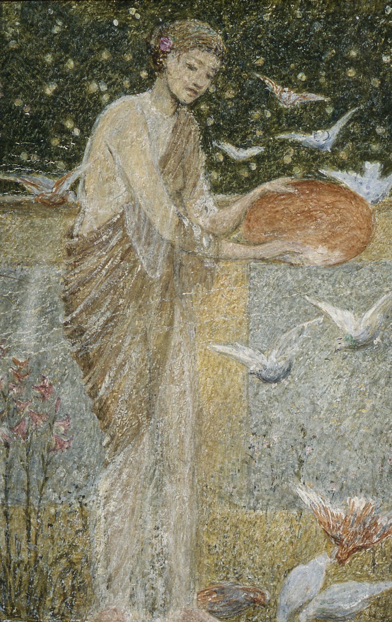 Mädchen füttert Tauben. Eine von drei Skizzen für die Dekoration von Bank Hall, nahe Chapel-en-le-Frith, Derbyshire von Thomas Armstrong