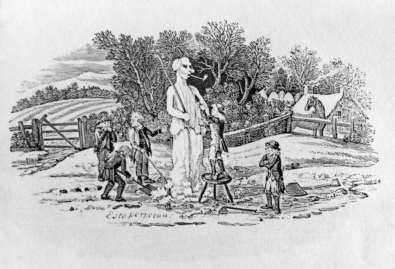 Der Schneemann in Cherryburn (Esto Perpetua), aus Landvögel, ca. 1797 von Thomas Bewick