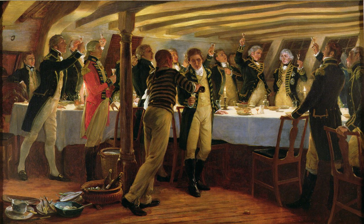 Admiral Nelson erhebt einen Toast auf den Sieg mit seinen Offizieren am Vorabend der Schlacht von Kopenhagen, 1. April 1801, 1898 von Thomas Davidson