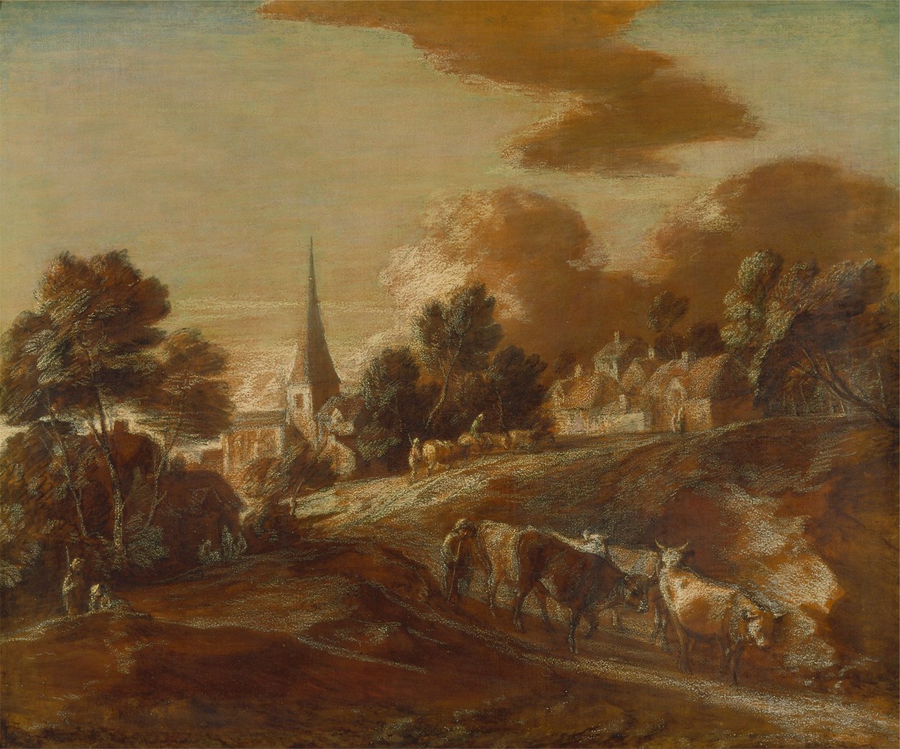 Ein imaginäres bewaldetes Dorf mit Viehtreibern und Rindern von Thomas Gainsborough