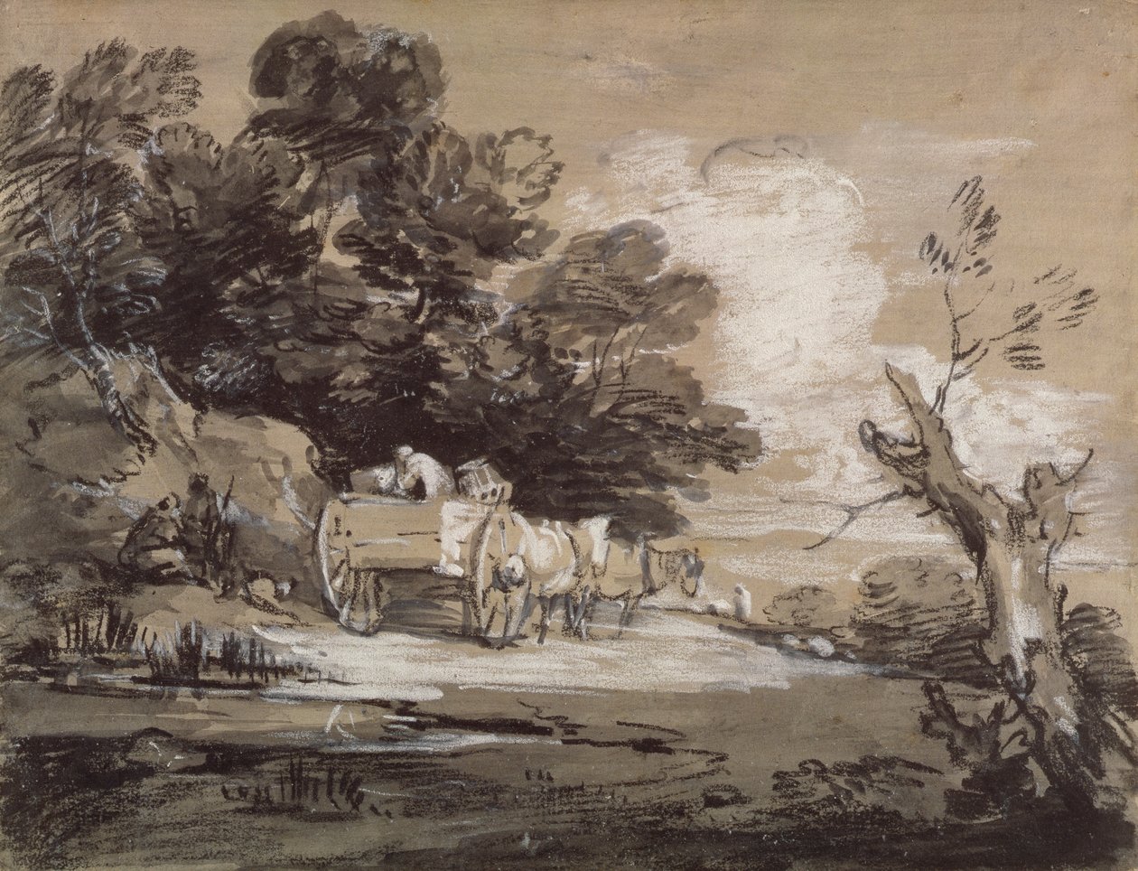 Bewaldete Landschaft mit Landkarren und Figuren, ca. 1785-88 von Thomas Gainsborough