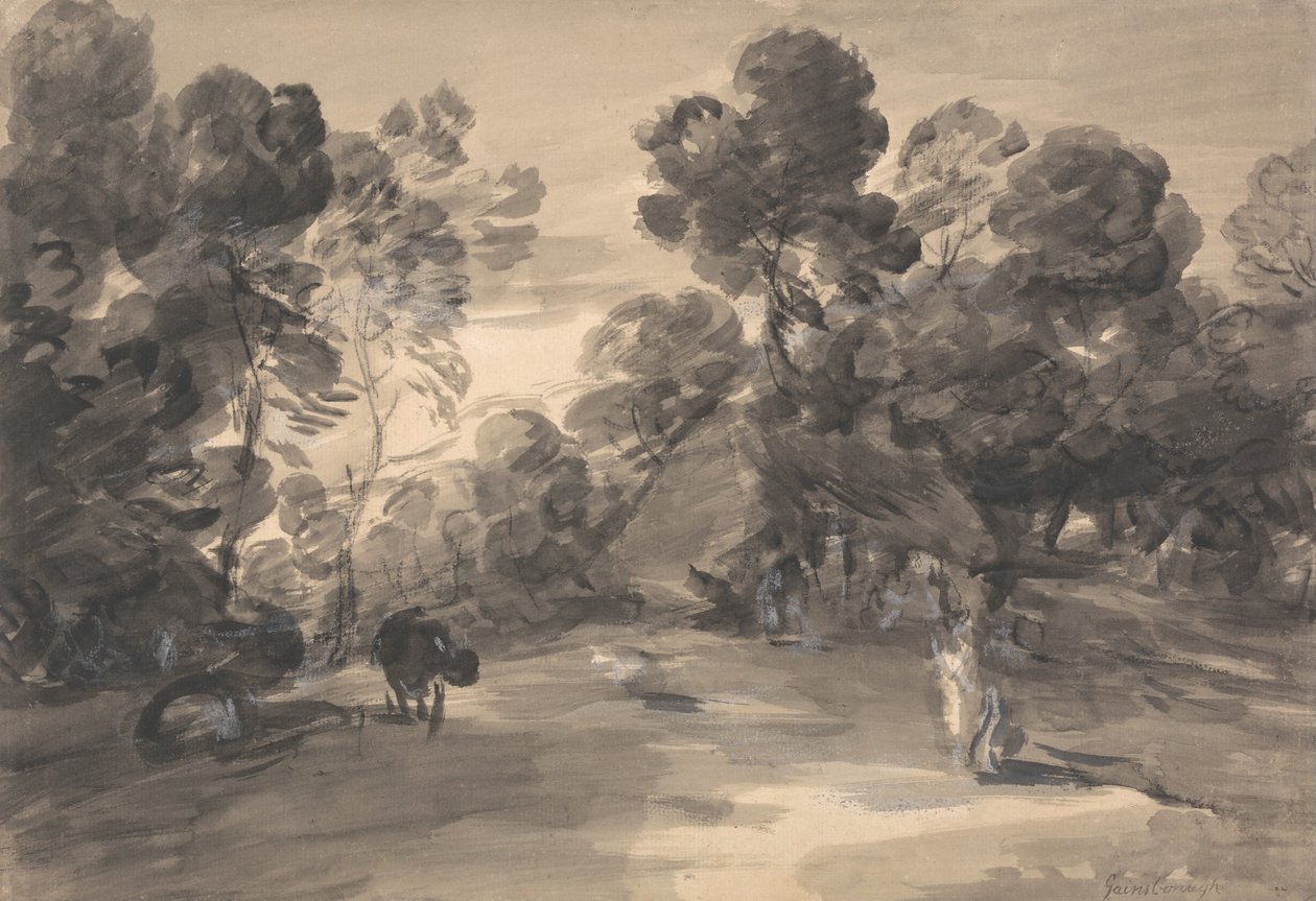 Waldlandschaft mit Figuren, Hütte und Kuh von Thomas Gainsborough